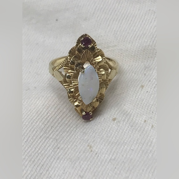 14k Solid Gold Ring Fire Opal Stone with Ruby Accents Size...